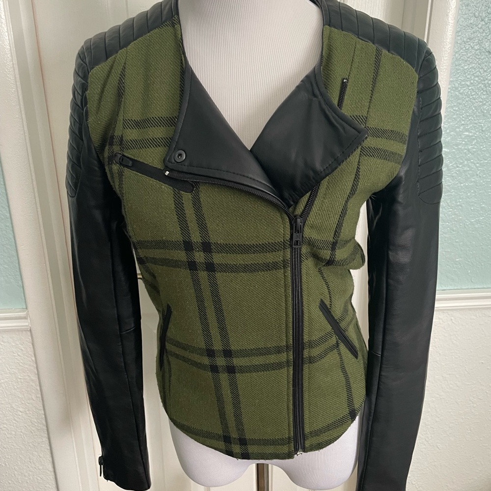 Hurley S Women’s Green Plaid Wool Blend Faux Leather Cropped Biker Moto Jacket